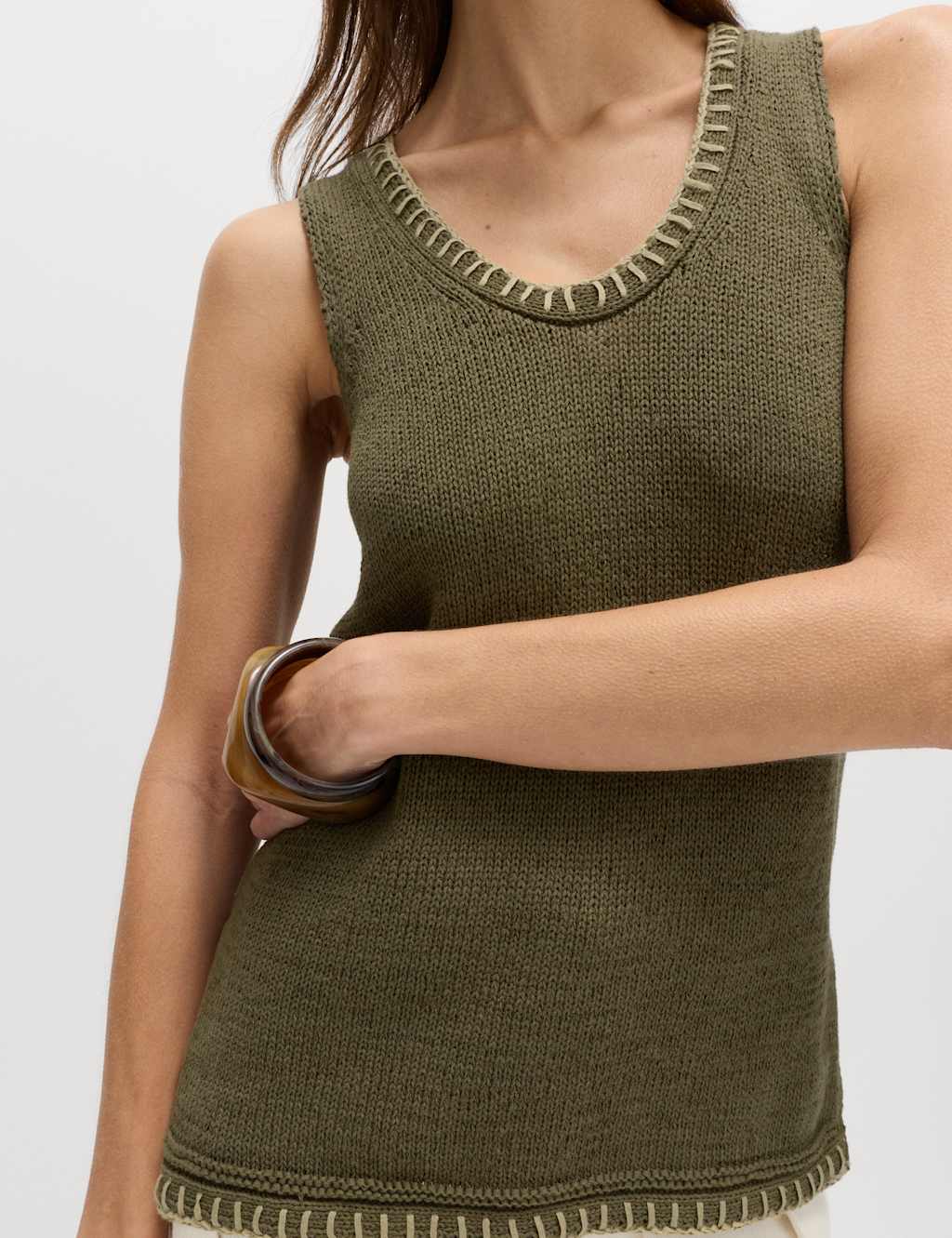 M&S Cotton Rich Textured Whipstitch Knitted Vest Dark Khaki