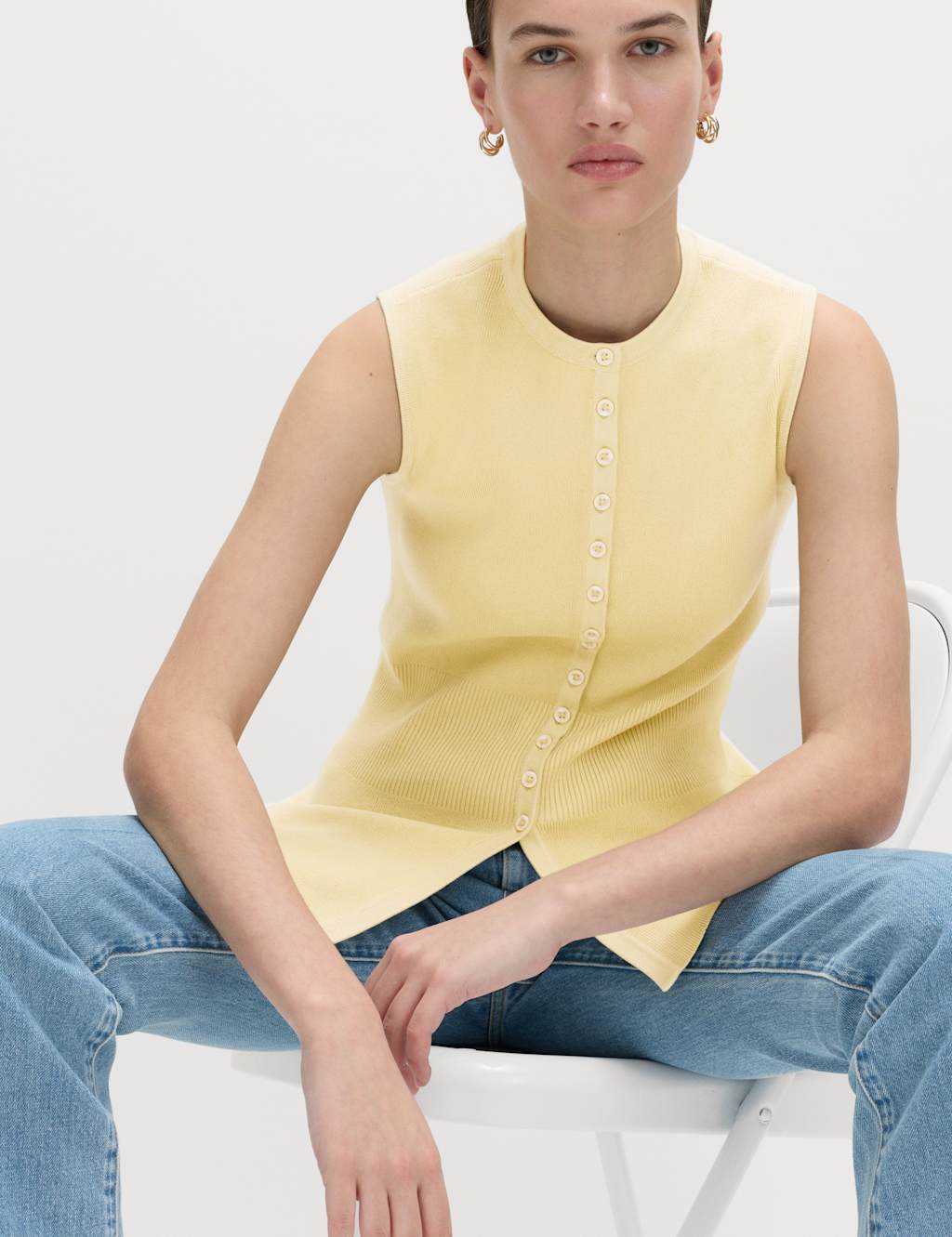 M&S Ribbed Peplum Waisted Knitted Waistcoat Camomile