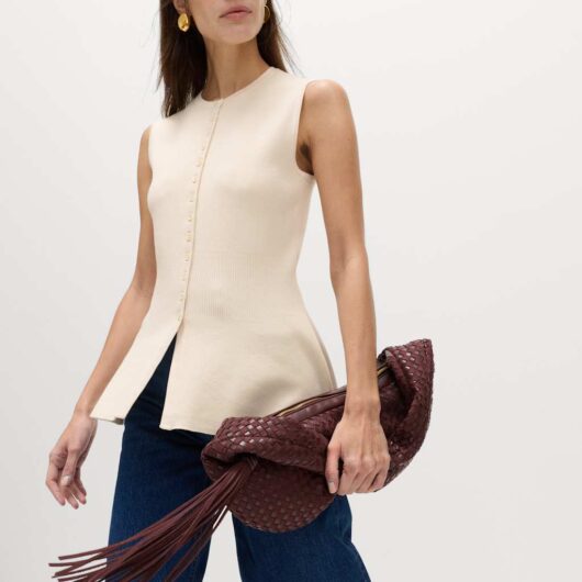 M&S Ribbed Peplum Waisted Knitted Waistcoat Ecru