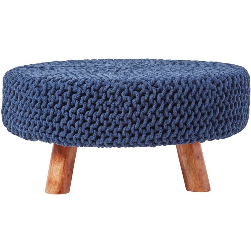 Navy Blue Large Round Cotton Knitted Footstool on Legs - Homescapes
