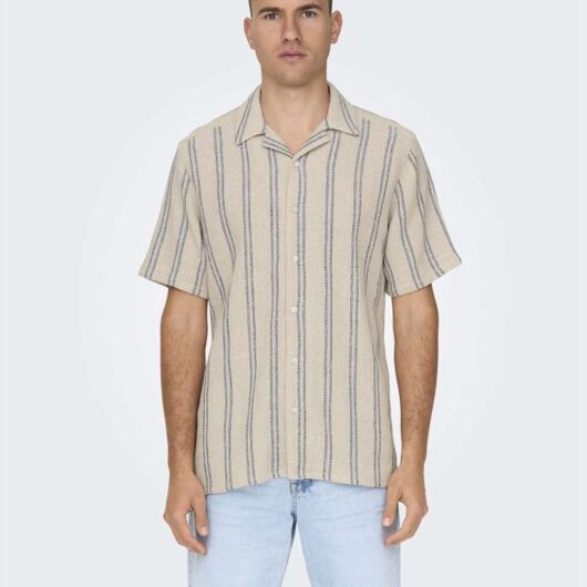 ONLY & SONS Cotton Rich Striped Textured Shirt Khaki Mix