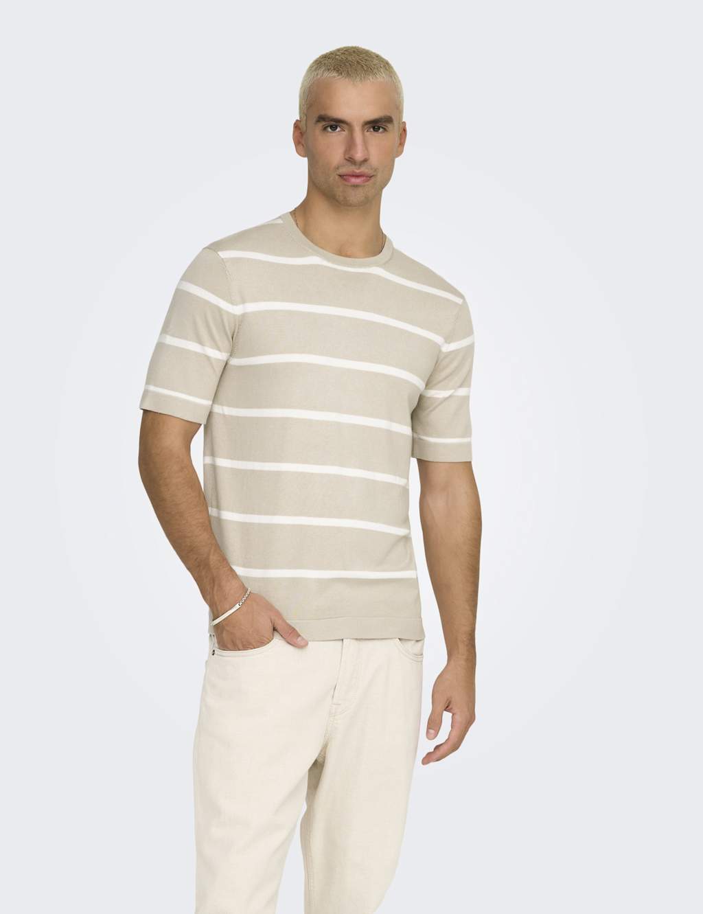 ONLY & SONS Striped Knitted T-Shirt Stone