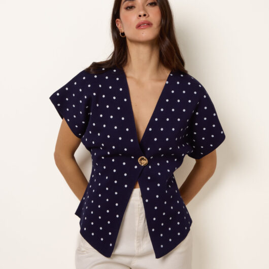 Polka Dot Short-Sleeve Knit Cardigan Top - S/M / NAVY