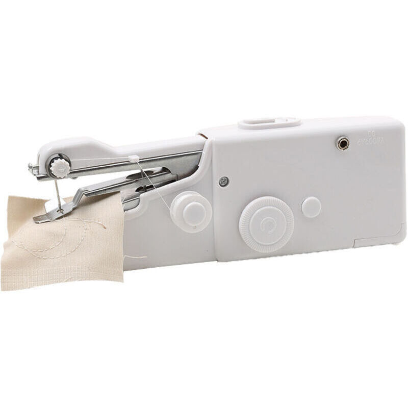 Portable and lightweight miniature sewing machine, battery operated, ideal for home, travel, camping, clothing repair, etc.