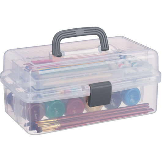 Relaxdays Storage Box with 9 Compartments, Sorting for Craft & Art Supplies, Sewing Kit, 14.5 x 33 x 19 cm, Clear/Grey
