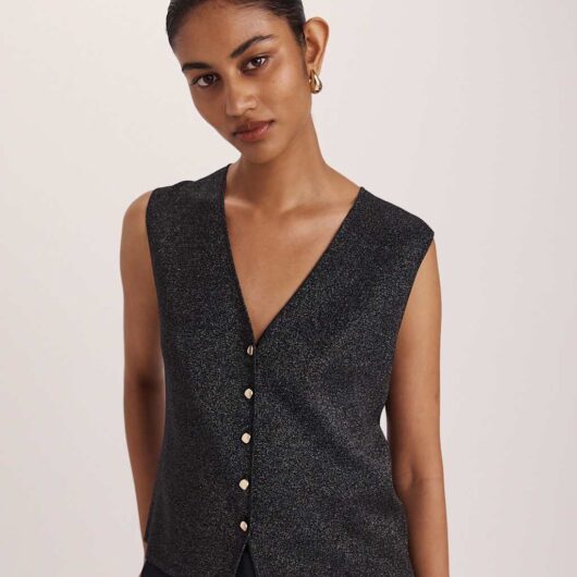 SABA Sparkly V-Neck Button Through Knitted Vest Black