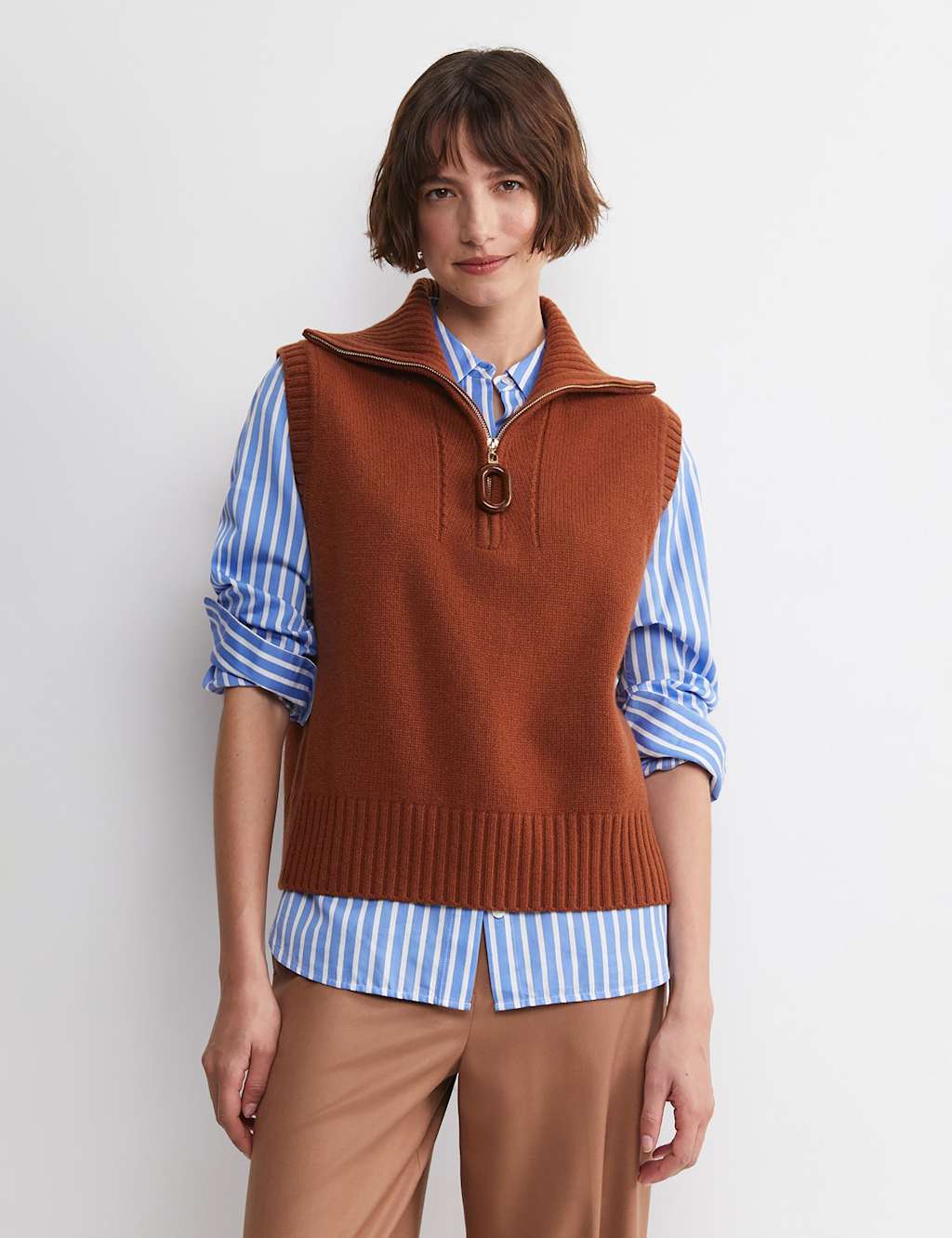 Sportscraft Pure Wool Collared Half Zip Knitted Vest Brown