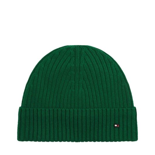 Tommy Hilfiger Pure Wool Knitted Rib Turn Up Beanie Hat Dark Green