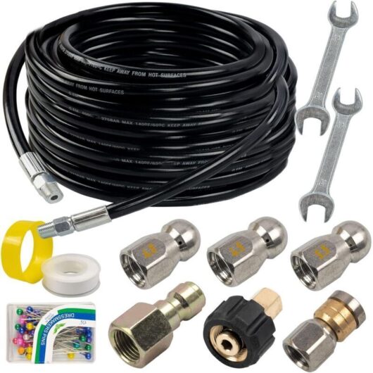 15m pressure washer sewer jetting kit, 6.35mm drain cleaning hose, 4.0 orifice button nozzle and rotating sewer nozzle