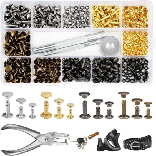 180 Pieces Leather Rivets, 3 Sizes, Double Rivets, Metal Tubular Studs, Sewing Rivets for Bags, Leather Rivets with 3 Fixing Tools and Punch Pliers