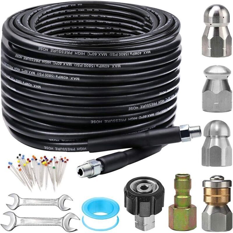 30m Pressure Washer Sewer Jet Kit, 5800 psi, 6.35mm Drain Cleaning Hose, NPT Corner, Rotating Hose and Knob, Sewer Jet Nozzle, Body Pin
