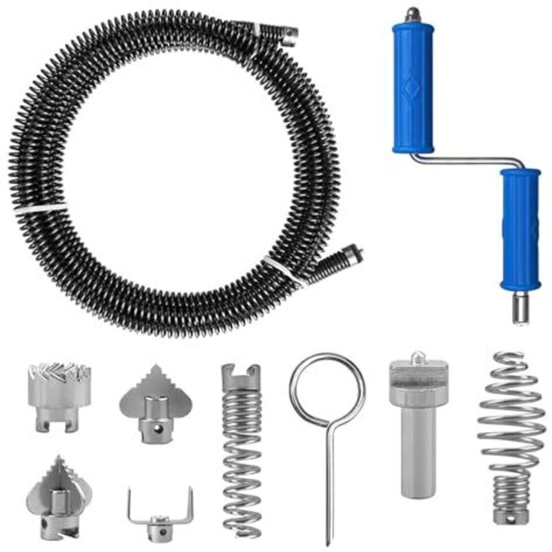5m Pipe Cleaner Spiral with 6 Cutting Heads, 12mm Drain Unblocker Auger Tool for Kitchen Sinks, Bathroom Drainage, Toilet & Sewer Pipe Cleaning