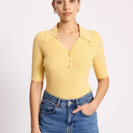 Albaray Ribbed Collared Button Detail Knitted Top Yellow Mix