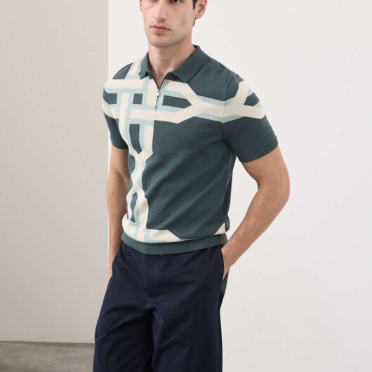 Autograph Mercerised Cotton Chain Print Knit Polo Dark Petrol
