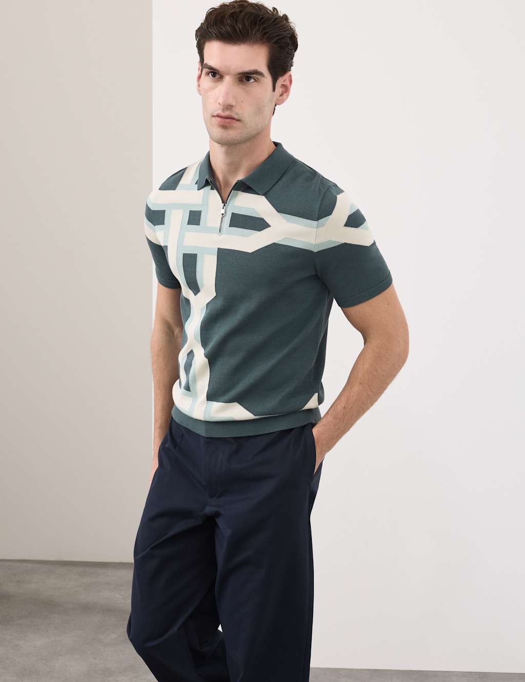 Autograph Mercerised Cotton Chain Print Knit Polo Dark Petrol