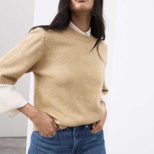 Autograph Merino Wool Rich Knitted Top with Cashmere Sandstone