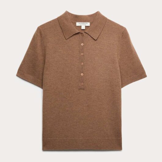 Autograph Merino Wool Rich Polo Neck Knitted Top with Cashmere Golden Brown