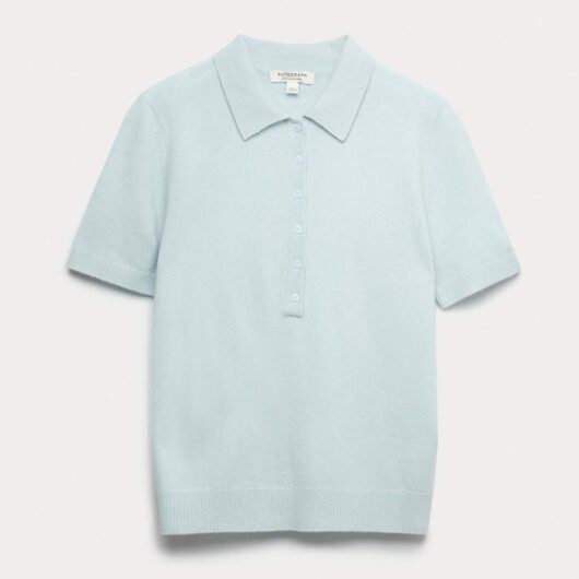 Autograph Merino Wool Rich Polo Neck Knitted Top with Cashmere Ice Blue