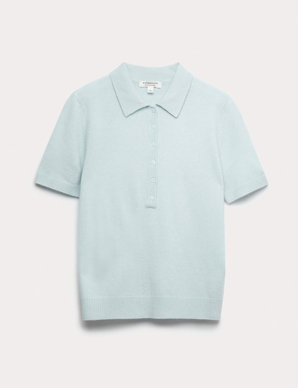 Autograph Merino Wool Rich Polo Neck Knitted Top with Cashmere Ice Blue