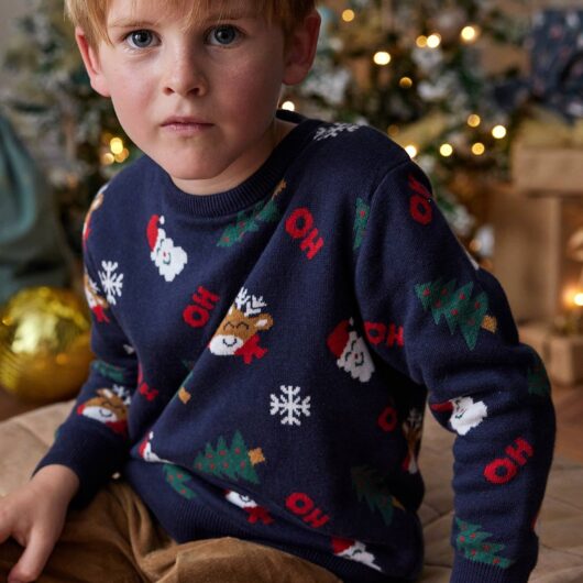 Christmas Special Jacquard Knit Jumper with Fun Motifs for Boys navy blue