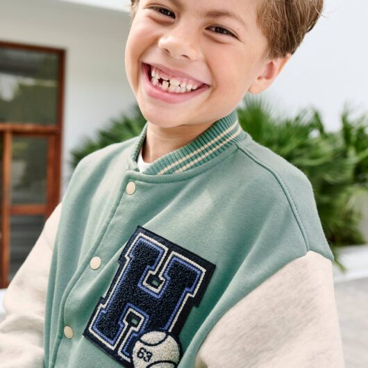 College-Type Jacket in Fleece, Patch in Bouclé Knit, for Boys emerald green