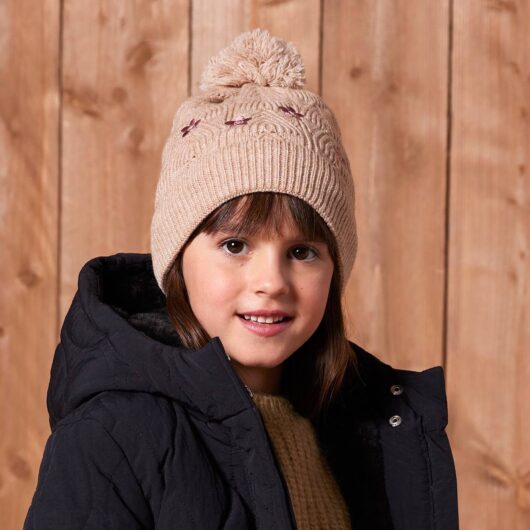 Embroidered set for girls: beanie + snood + open knit mittens/gloves golden beige