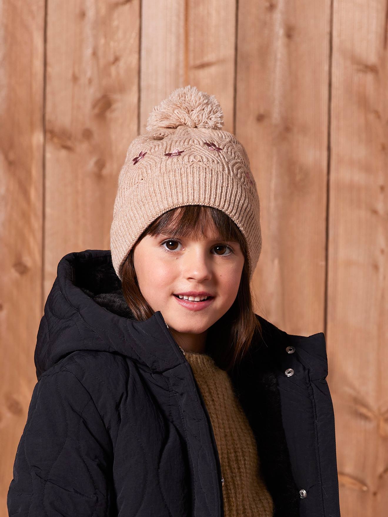 Embroidered set for girls: beanie + snood + open knit mittens/gloves golden beige