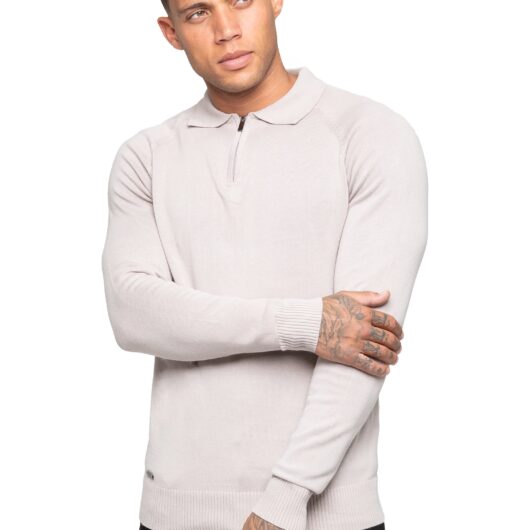 Enzo Milano | Mens Half Zip Polo Jumper - Stone / S