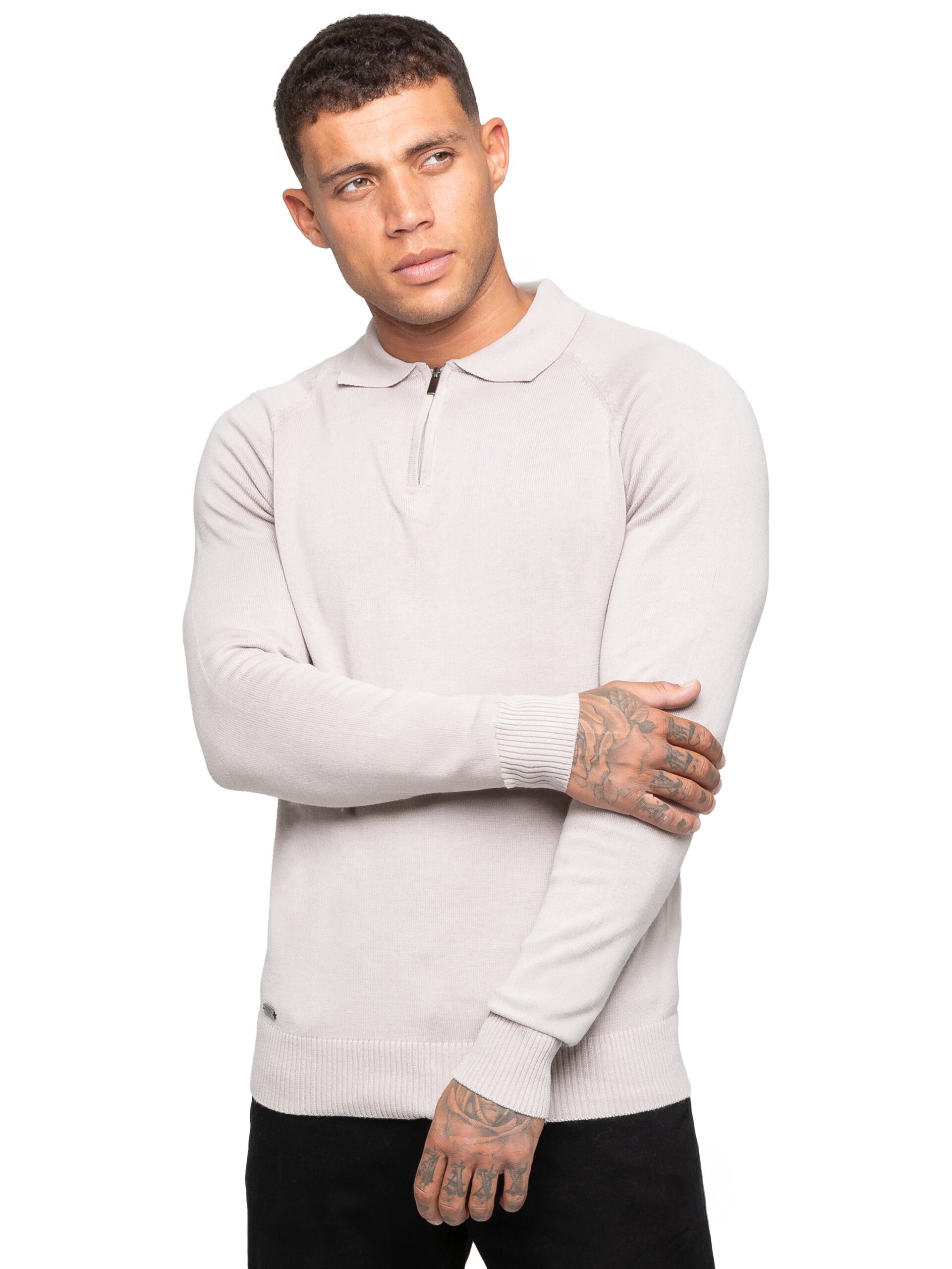 Enzo Milano | Mens Half Zip Polo Jumper - Stone / S