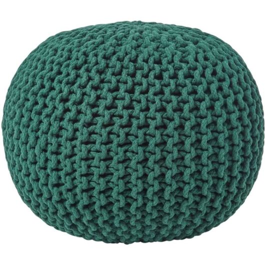 Forest Green Round Cotton Knitted Pouffe Footstool - Homescapes