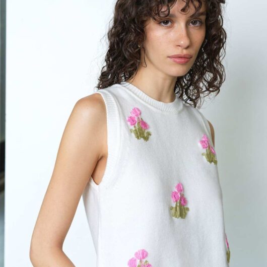 French Connection Cotton Rich Appliqué Knitted Vest Cream Mix