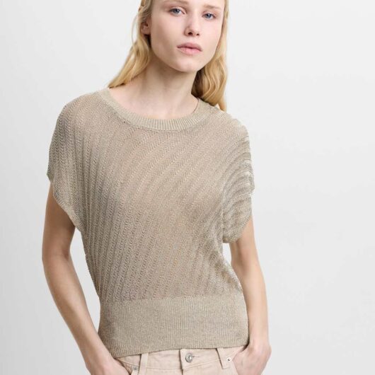 French Connection Metallic Textured Crew Neck Knitted Top Gold