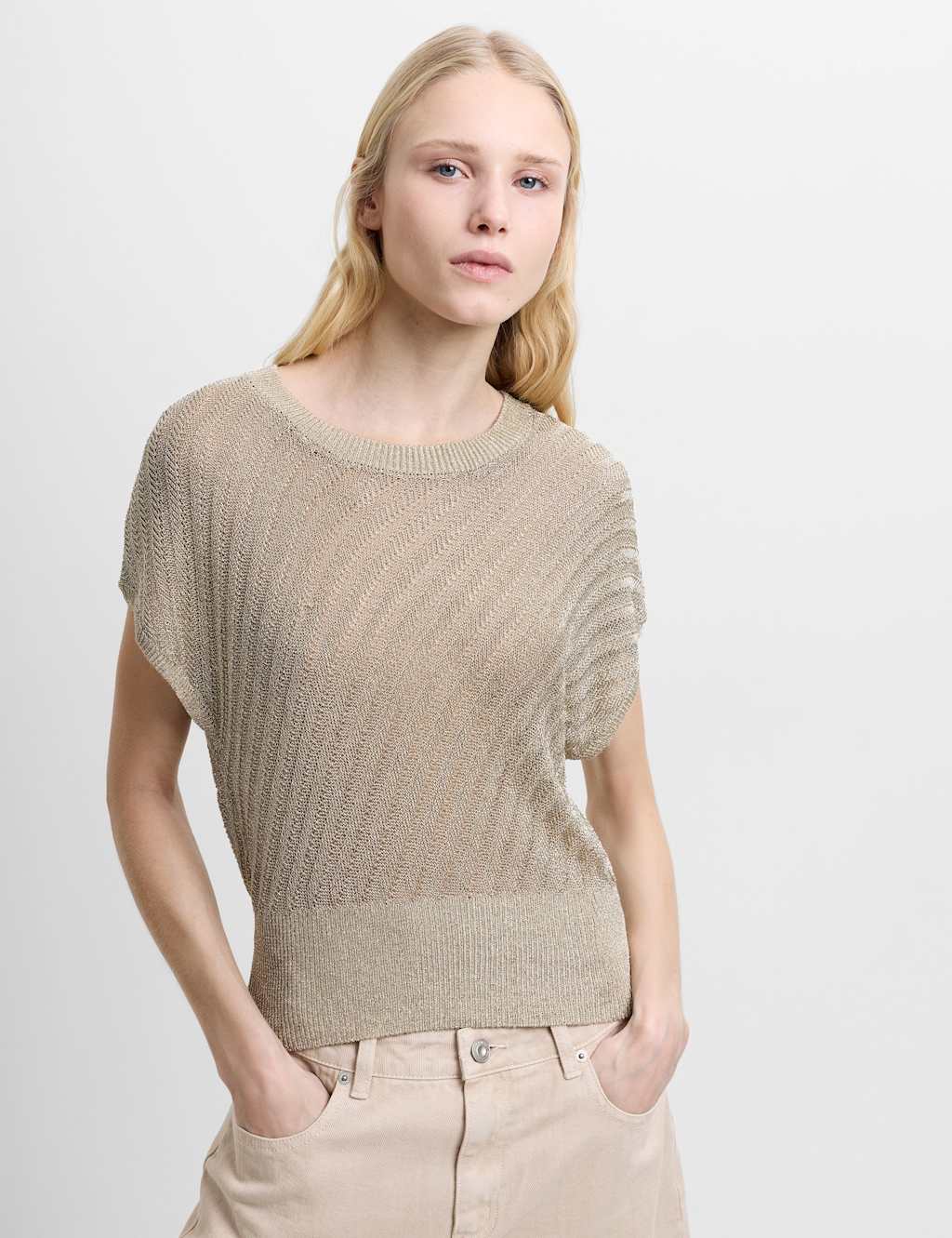 French Connection Metallic Textured Crew Neck Knitted Top Gold