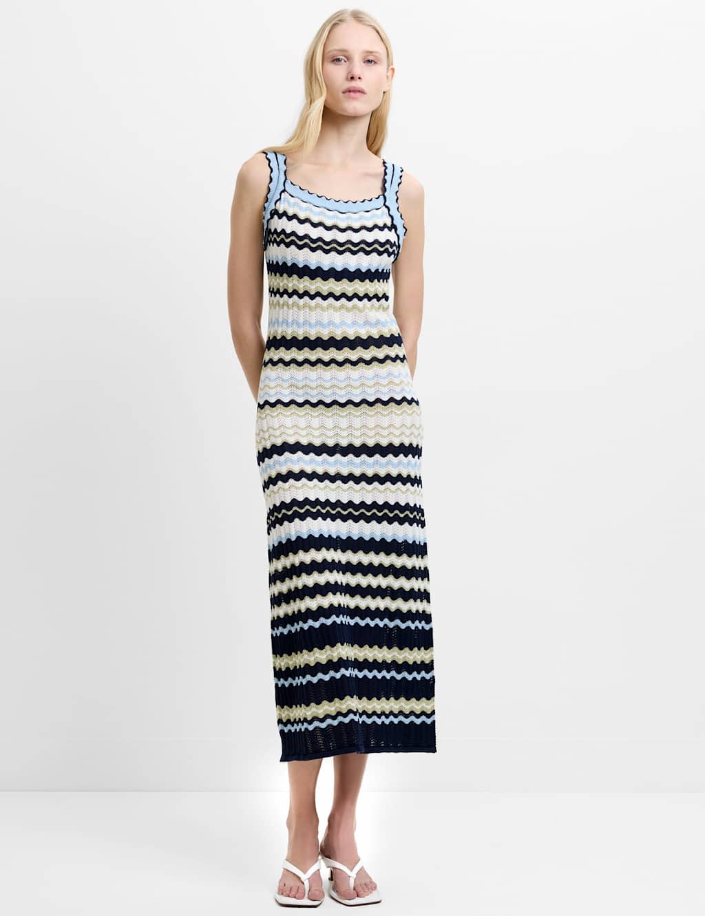 French Connection Pure Cotton Knitted Striped Midi Dress Multi