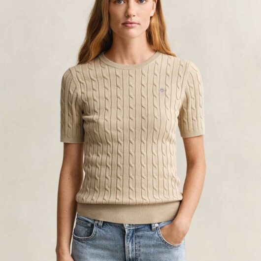 GANT Cotton Rich Cable Knit Top Beige