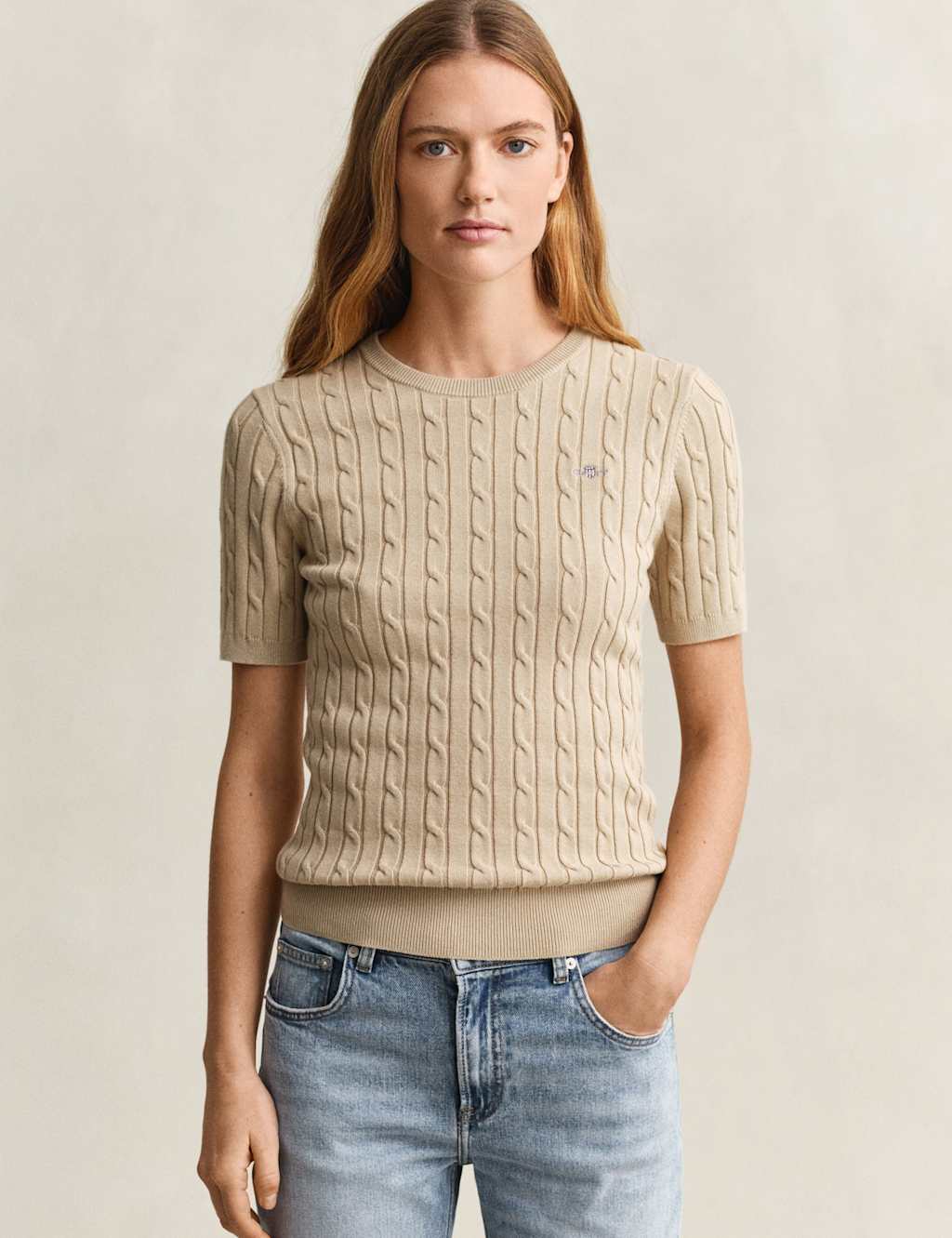 GANT Cotton Rich Cable Knit Top Beige