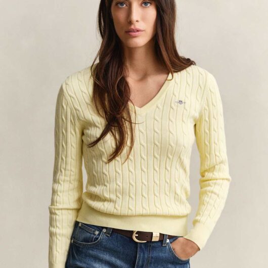 GANT Cotton Rich Cable Knit V-Neck Jumper Yellow
