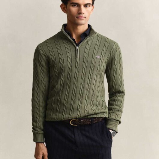 GANT Pure Cotton Cable Half Zip Jumper Green