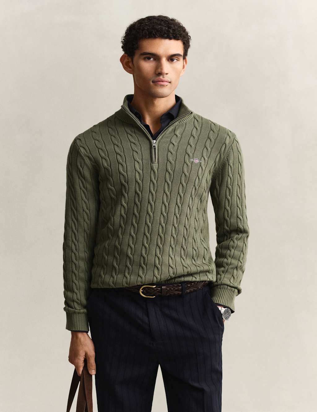 GANT Pure Cotton Cable Half Zip Jumper Green
