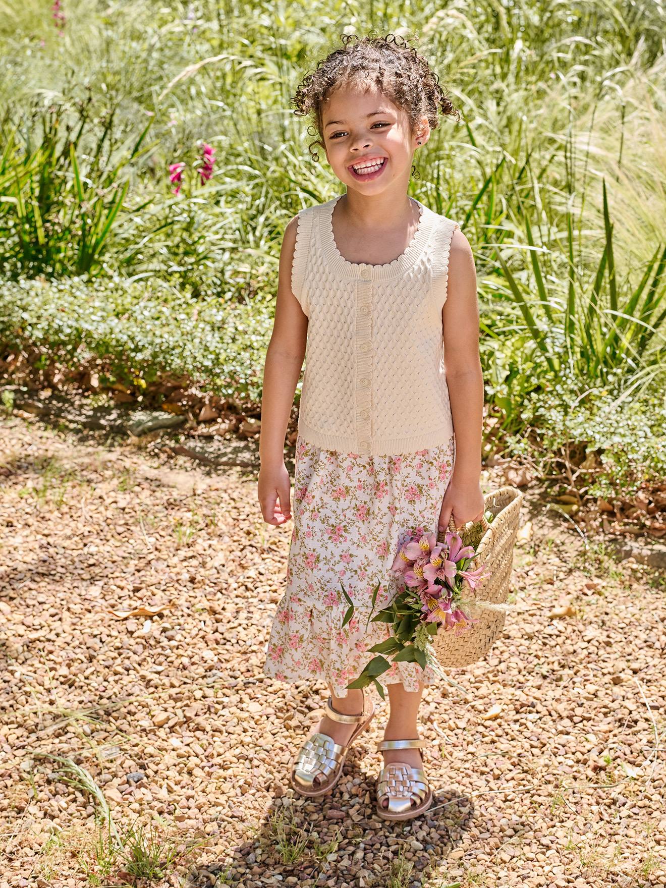 Girl's sleeveless knitted cardigan vanilla