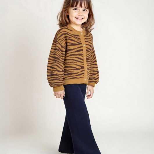 Girls' wide leggings lined with fleece knit navy blue