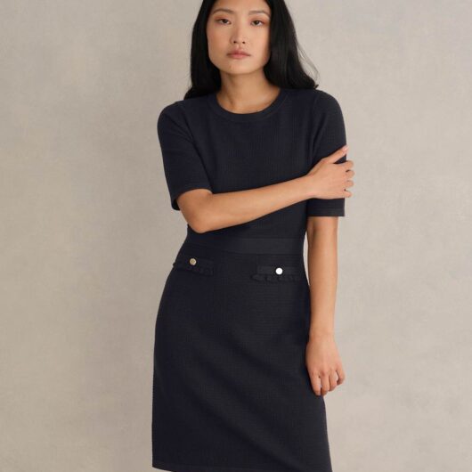 HOBBS Knitted Textured Knee Length Shift Dress Navy Mix