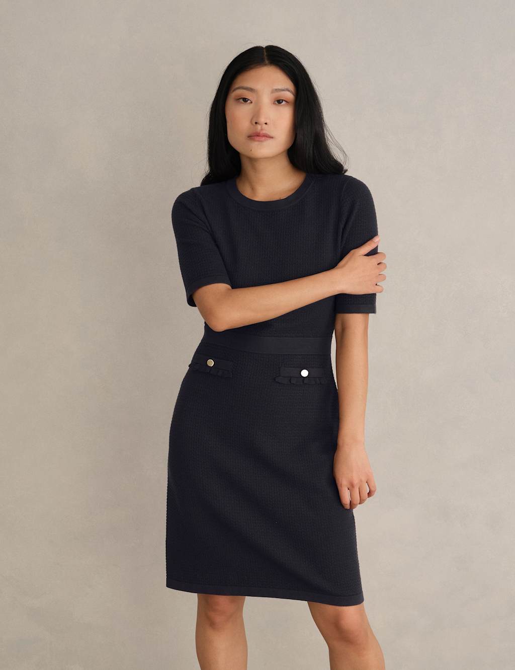 HOBBS Knitted Textured Knee Length Shift Dress Navy Mix