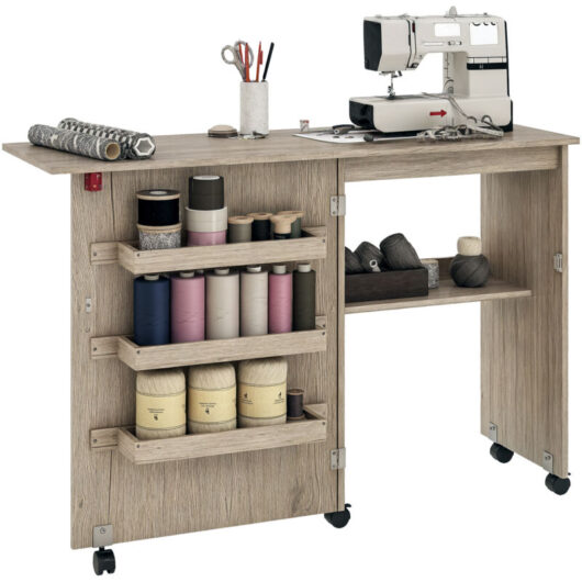 HOMCOM Folding Sewing Table Rolling Craft Table with Drop Leaf Wheels Grey