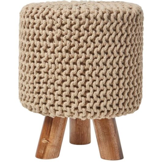 HOMESCAPES Linen Tall Cotton Knitted Footstool on Legs