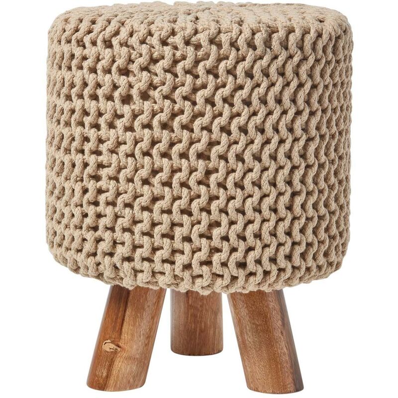 HOMESCAPES Linen Tall Cotton Knitted Footstool on Legs