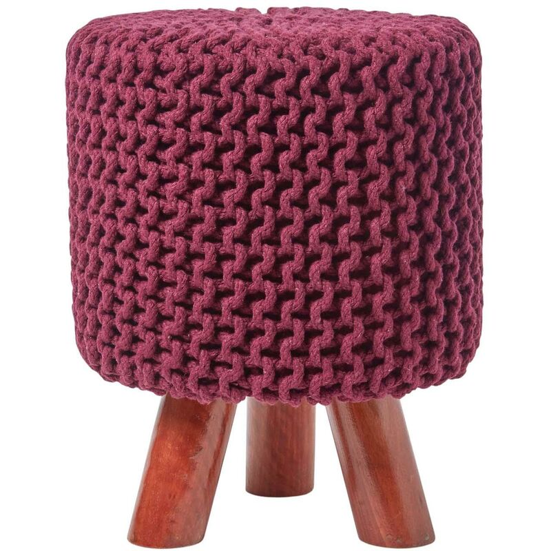 HOMESCAPES Plum Tall Cotton Knitted Footstool on Legs