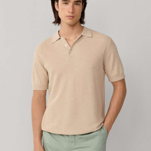 Hackett Cotton Rich Knitted Polo Shirt with Cashmere Beige