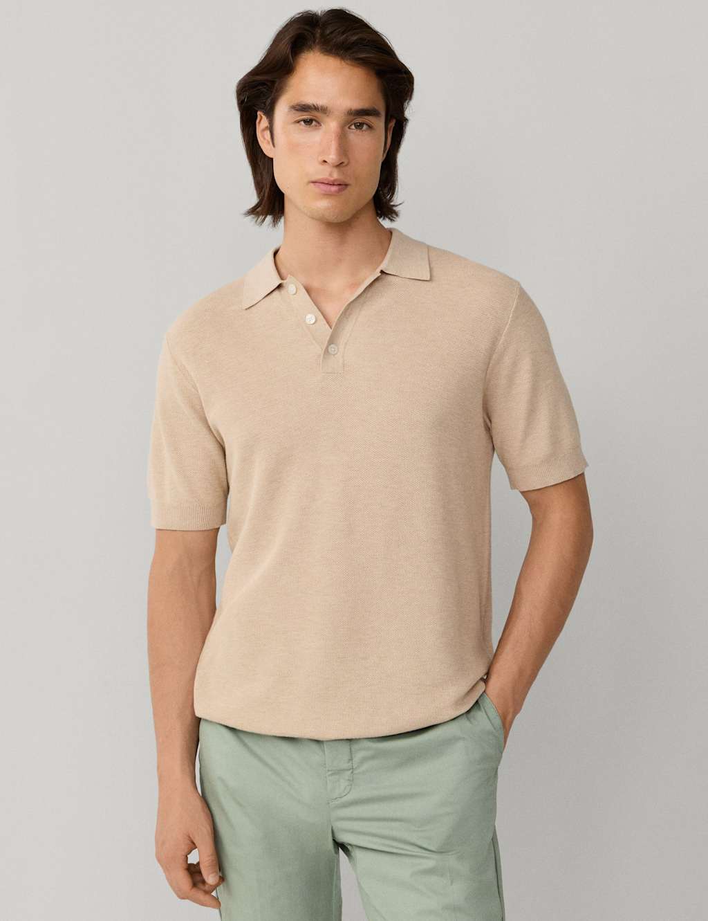 Hackett Cotton Rich Knitted Polo Shirt with Cashmere Beige