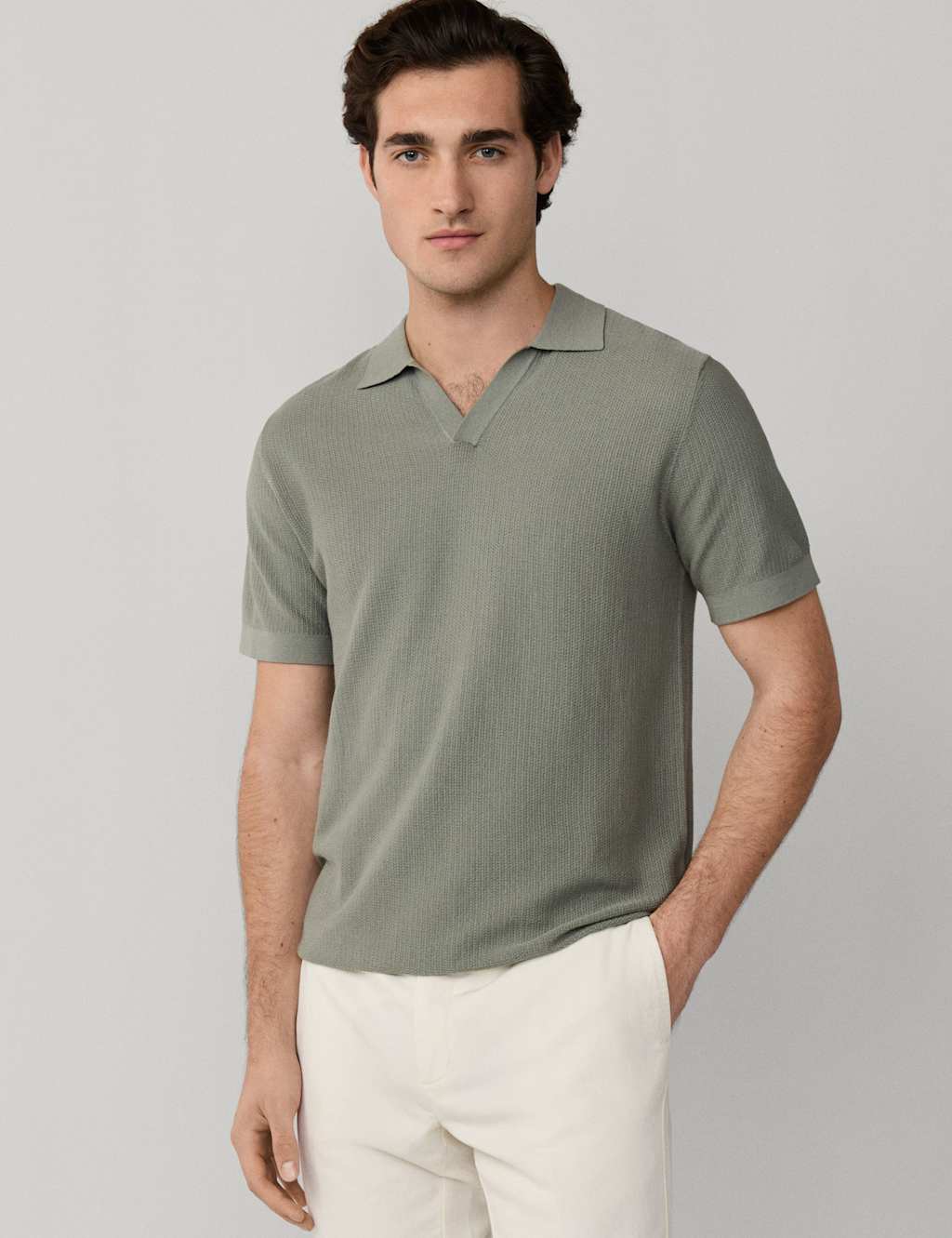 Hackett Pure Cotton Open Neck Knitted Polo Shirt Green
